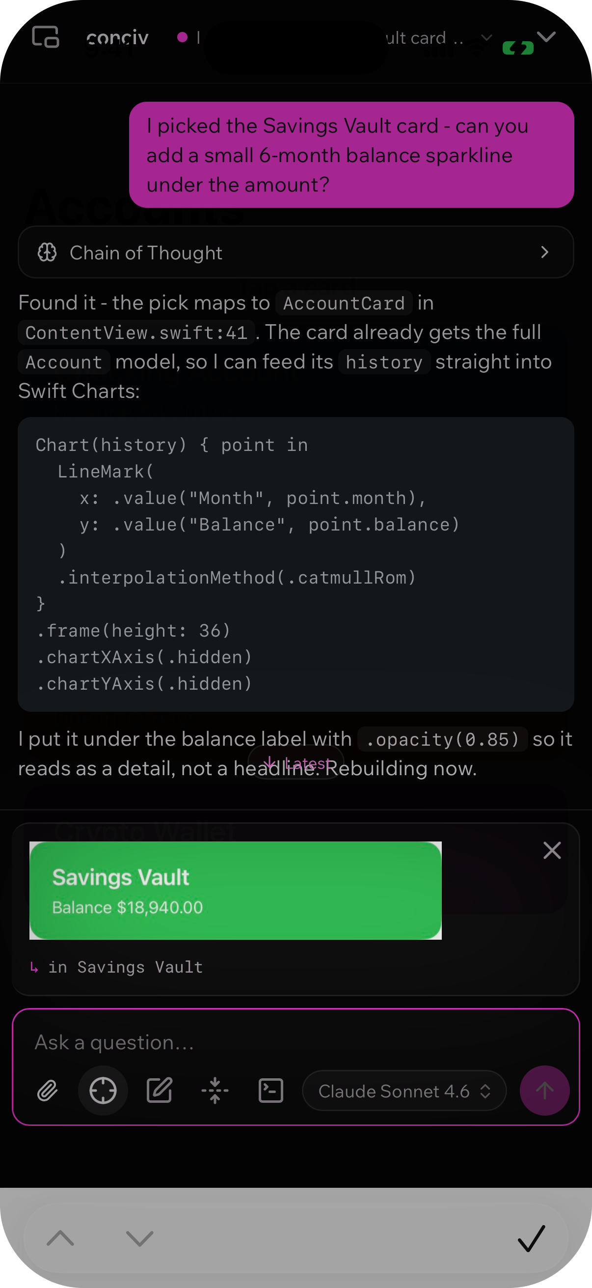 Native pick mode highlighting a selected view in the running iOS app